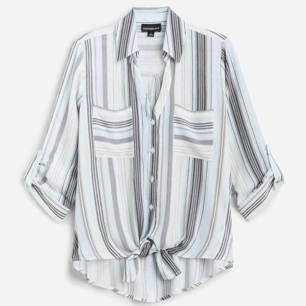 FORTUNE + IVY Blake Tie Front Top  L | Off-White